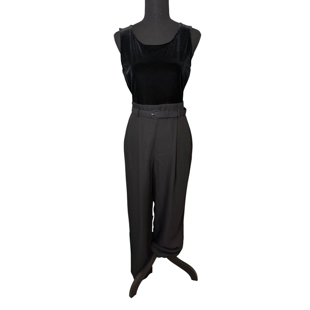 John Roberts Petite Black Velvet Bodice Belted Sleeveless Jumpsuit Size 4P